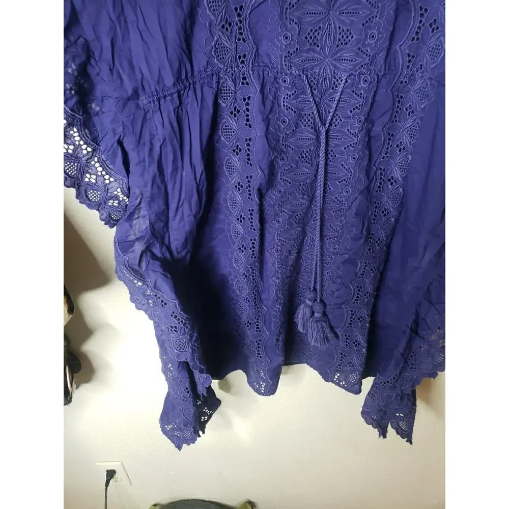 J Crew Re-imagined Blue Embroidered Floral Caftan Cover Up Tunic Top MEDIUM